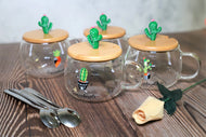 Cute Succulent Mug Glass Mug with Spoon and Wood Lid