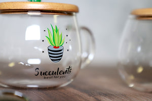 Cute Succulent Mug Glass Mug with Spoon and Wood Lid