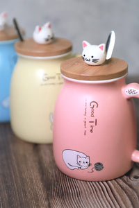 Cute Cat Milky Ceramic Mug With Spoon And Wood Lid