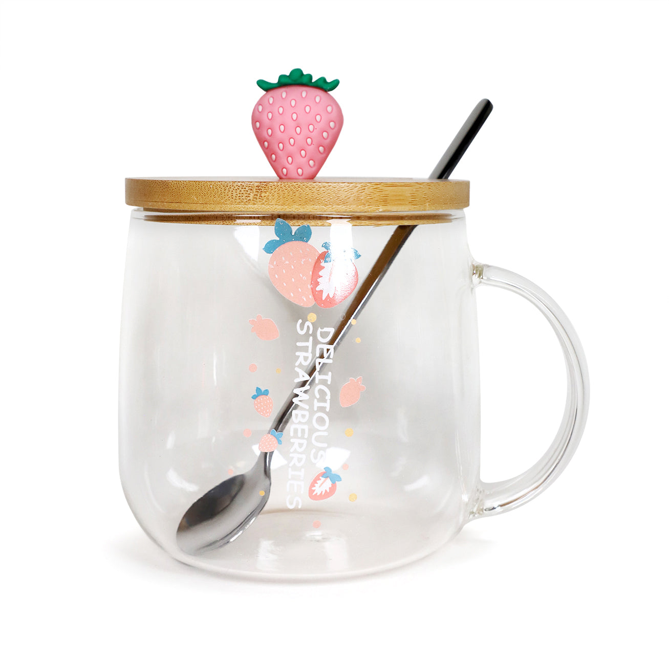 Cute Fruity Mug Glass Mug with Spoon and Wood Lid