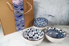4.5 inch Ceramic Rice Bowl 4 Piece Set Hand Painted Blue Flower Pattern Gift Box Packaging