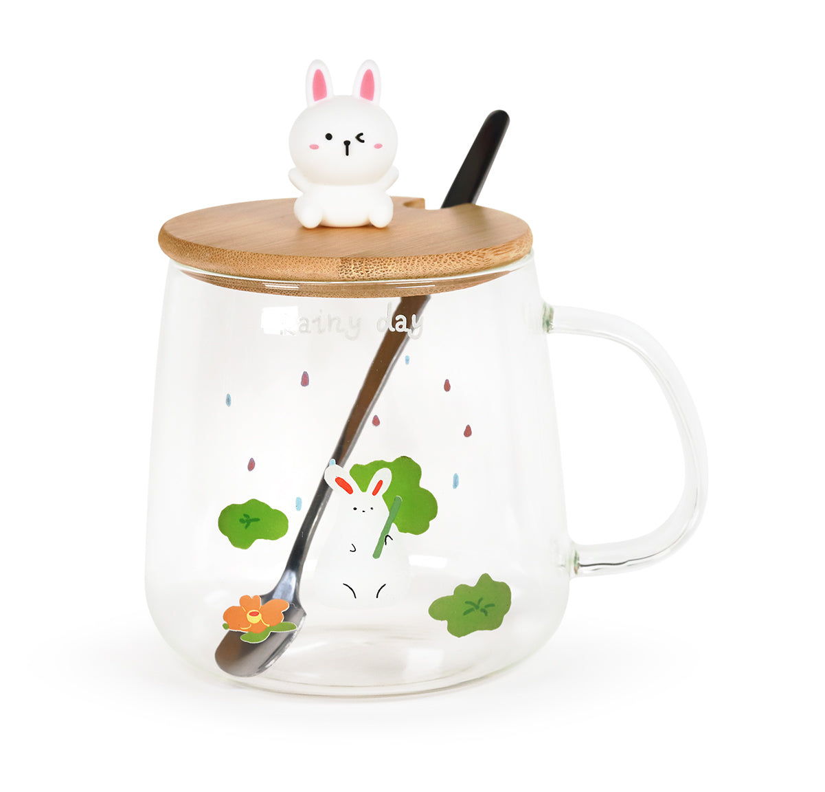 Cute Rabbit Mug Glass Mug with Spoon and Wood Lid