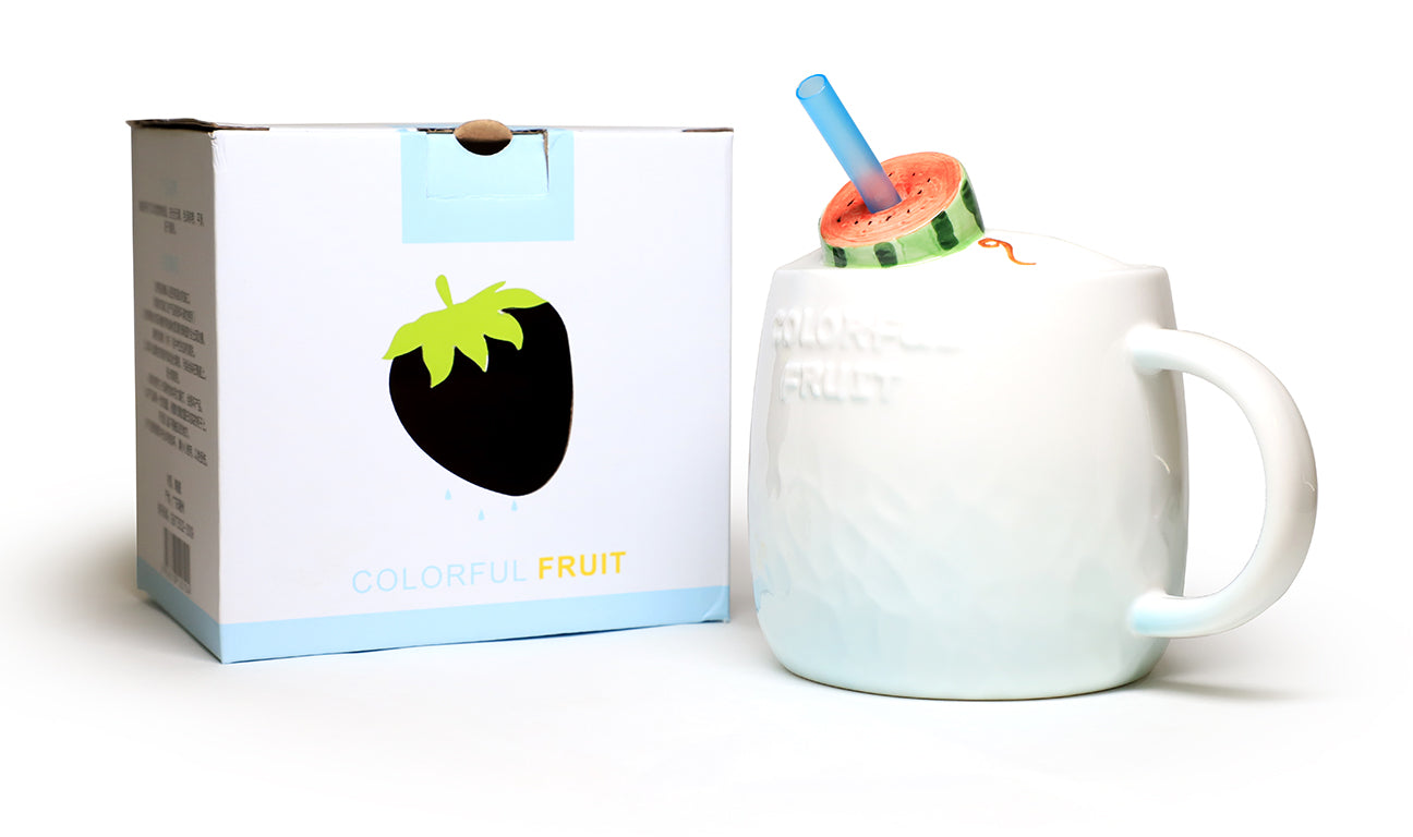 New Cute Fruit Ceramic Mug With Straw