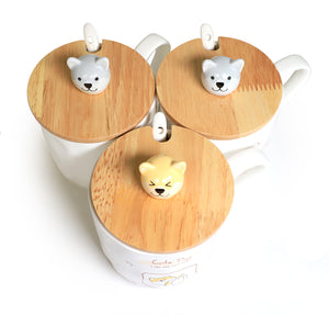 Cute Dog Ceramic Mug with Spoon and Wood Lid