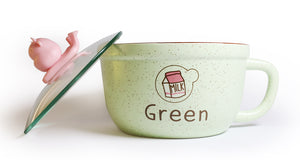 Microwavable Ceramic Noodle Bowl with Handle and Glass Lid Cute Cartoon