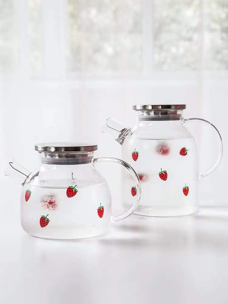 Glass Tea Kettle Strawberry Cute Design Glass Teapot Glass Pitcher Fruit Tea, Size: Cup - 300ml