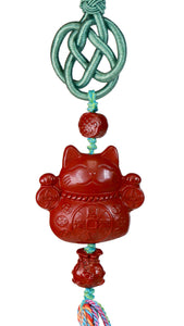 Exquisite Cinnabar Fortune Cat Car Hanging Ornament – Lucky Wealth Decoration