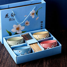 4.5 inch Ceramic Bowl 4 Piece Set With Chopsticks Sakura Snow Flake Floral Design Gift Box Packaging