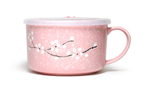 Microwavable Ceramic Noodle Bowl with Handle and Seal Sakura Snow Flake Floral Design