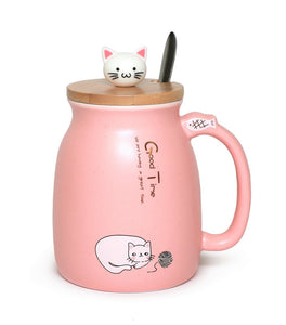 Cute Cat Milky Ceramic Mug With Spoon And Wood Lid