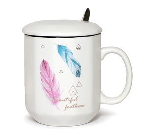 Ceramic Mug Elegant Feather Design with Spoon and Lid