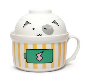 Cute Microwavable Ceramic Noodle 2 Bowls Set with Handle And Smiling Bowl Lid