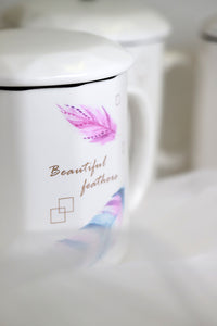 Ceramic Mug Elegant Feather Design with Spoon and Lid