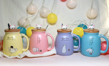 Cute Cat Milky Ceramic Mug With Spoon And Wood Lid