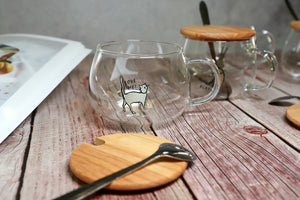 Cute Cat Mug Glass Mug with Spoon and Wood Lid