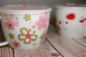Microwavable Ceramic Noodle Bowl with Handle and Seal Fine Porcelain Floral Design