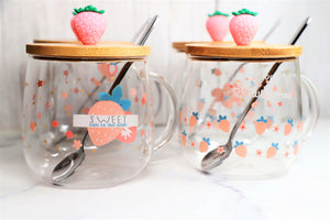 Cute Fruity Mug Glass Mug with Spoon and Wood Lid