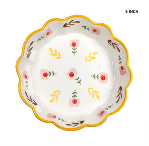 8 Inch Hand Painted Flower Pattern Ceramic Bowl Wavy Edge