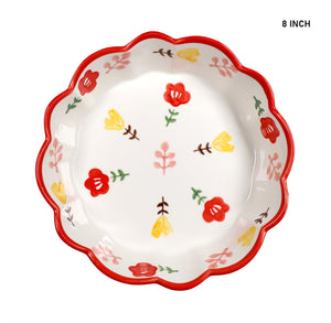 8 Inch Hand Painted Flower Pattern Ceramic Bowl Wavy Edge