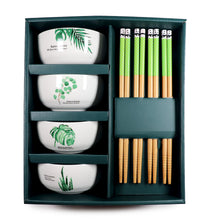 4.5 inch Ceramic Bowl 4 Piece Set With Chopsticks Hand Painted Leaf Pattern Gift Box Packaging