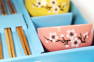 4.5 inch Ceramic Bowl 4 Piece Set With Chopsticks Sakura Snow Flake Floral Design Gift Box Packaging