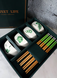 4.5 inch Ceramic Bowl 4 Piece Set With Chopsticks Hand Painted Leaf Pattern Gift Box Packaging