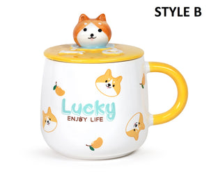 Cute Dog Ceramic Mug with Spoon and Lid