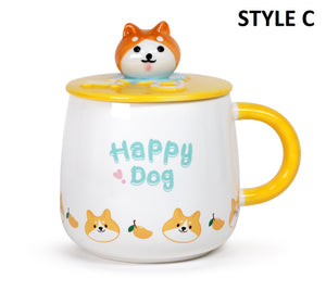 Cute Dog Ceramic Mug with Spoon and Lid