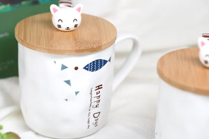 Cute Fish Ceramic Mug with Spoon and Wood Lid