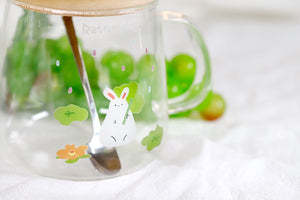 Cute Rabbit Mug Glass Mug with Spoon and Wood Lid