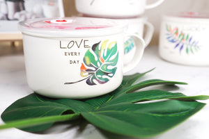 Microwavable Ceramic Noodle Bowl with Handle and Seal Fine Porcelain Green Leaf Design