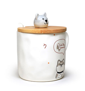 Cute Dog Ceramic Mug with Spoon and Wood Lid