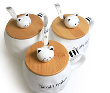 Cute Cat Ceramic Mug with Spoon and Wood Lid