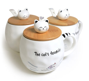 Cute Cat Ceramic Mug with Spoon and Wood Lid