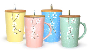 Ceramic Mug Sakura Floral Design with Spoon and Wood Lid