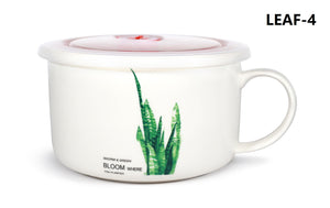 Microwavable Ceramic Noodle Bowl with Handle and Seal Fine Porcelain Green Leaf Design