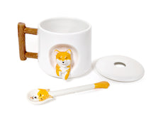 Cute Dog Ceramic Mug Wood Handle Design With Spoon And Lid